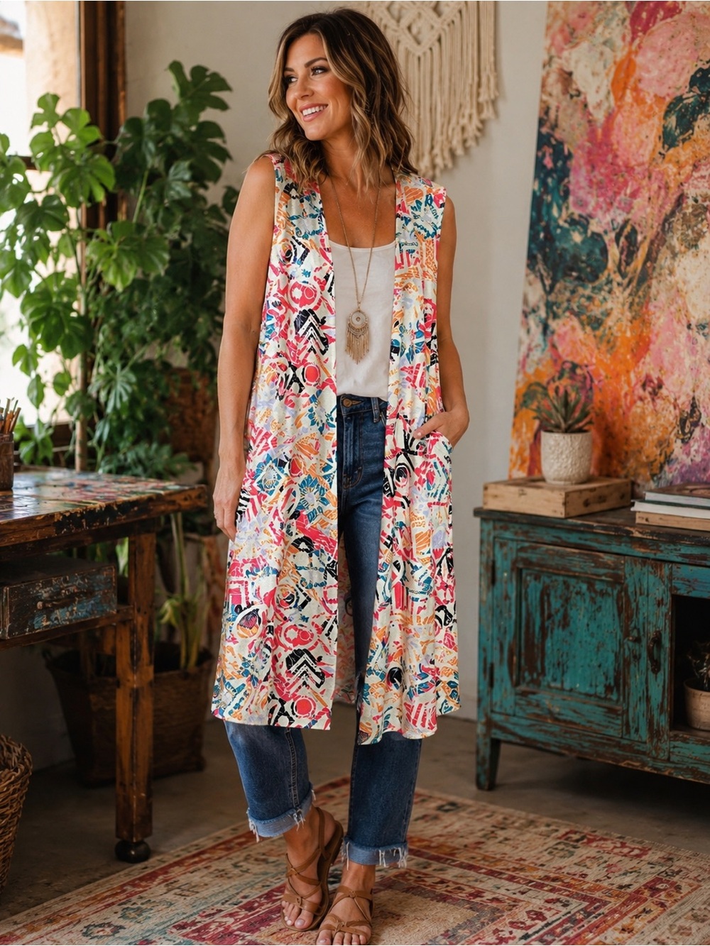 NWT LuLaRoe Joy Duster Vest Medium Rare Abstract Floral Print